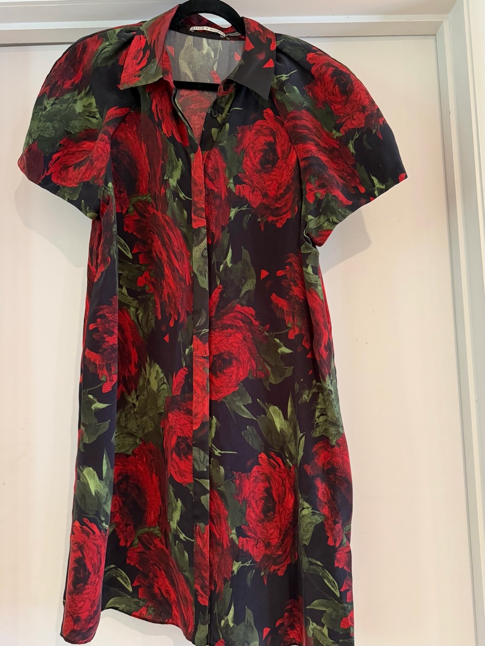 Alice + Olivia Black Shirt with Red Rose Print - Picture 1 of 2